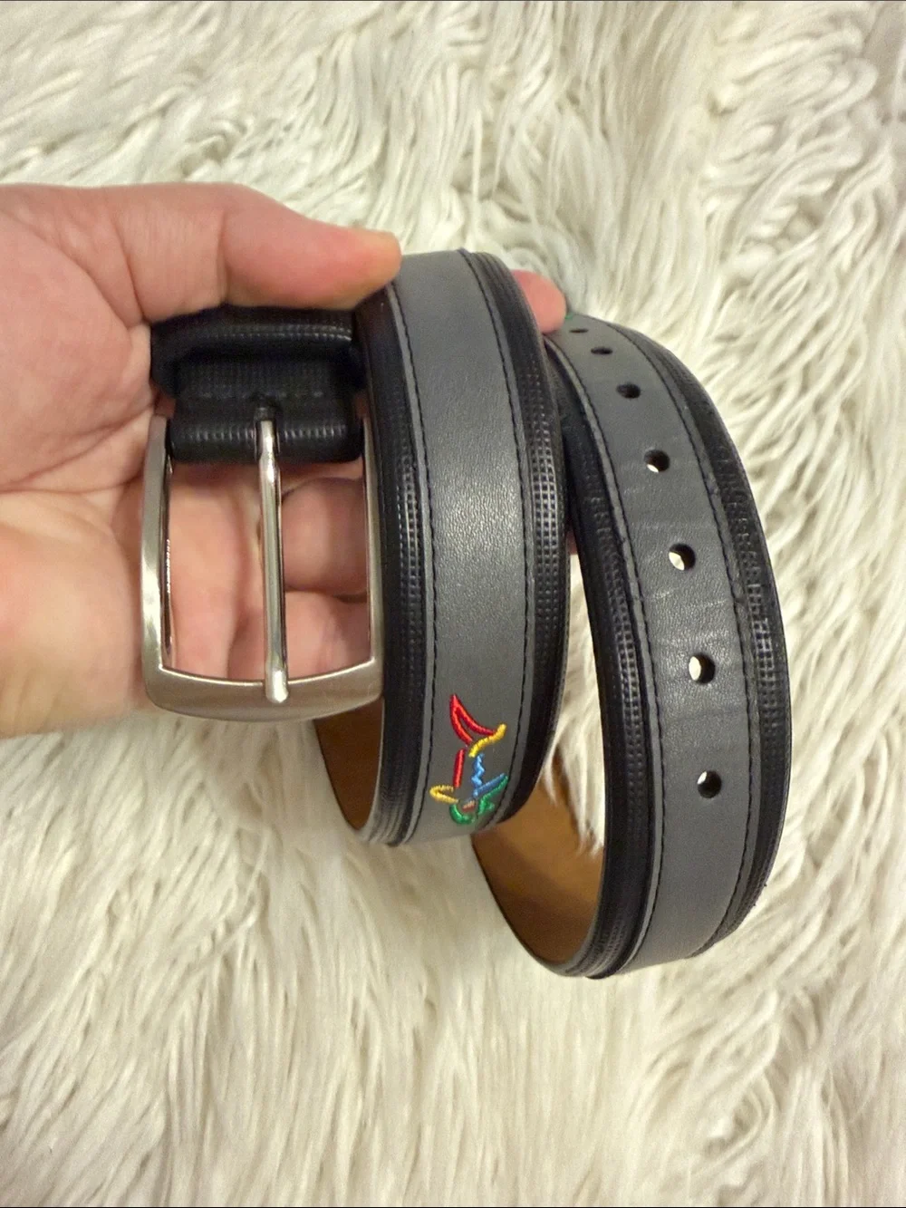 Greg Norman Men's Gray Leather Belt with Multicolor Stitching size 34